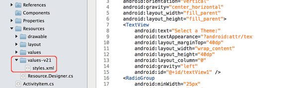 Location of styles.xml in the Resources/values-21.xml folder