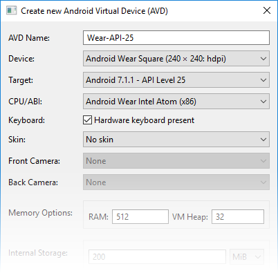 Example Wear virtual device configuration