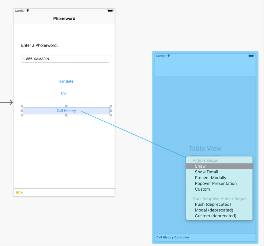 Ctrl-drag from the Button to the Call History scene