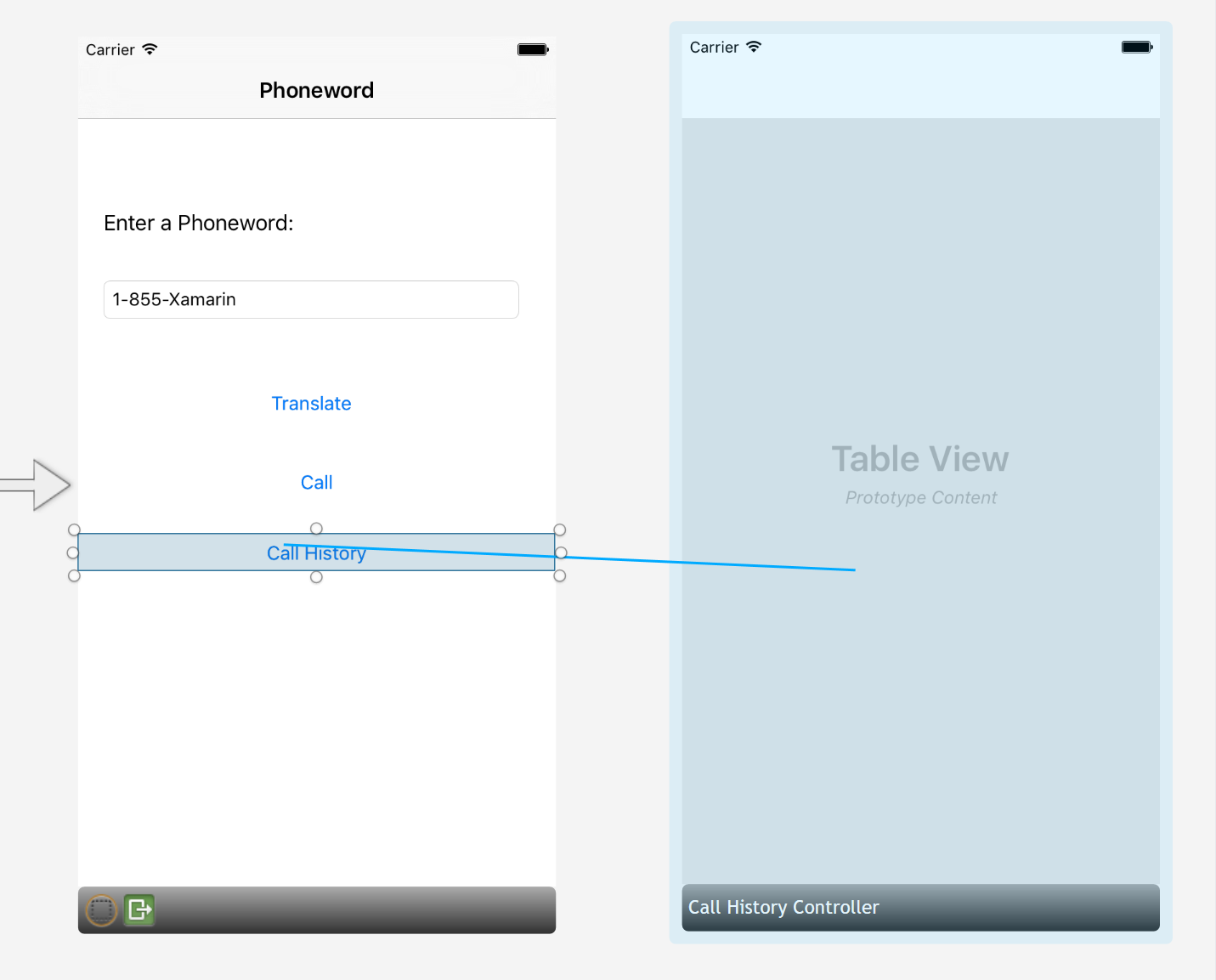 Ctrl-drag from the Button to the Call History scene