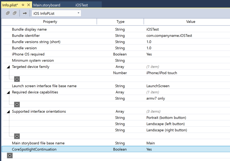 Editing CoreSpotlightContinuation in the Info.plist file