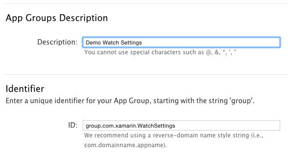 Use the Bundle ID com.xamarin.WatchSettings and the app group   group.com.xamarin.WatchSettings