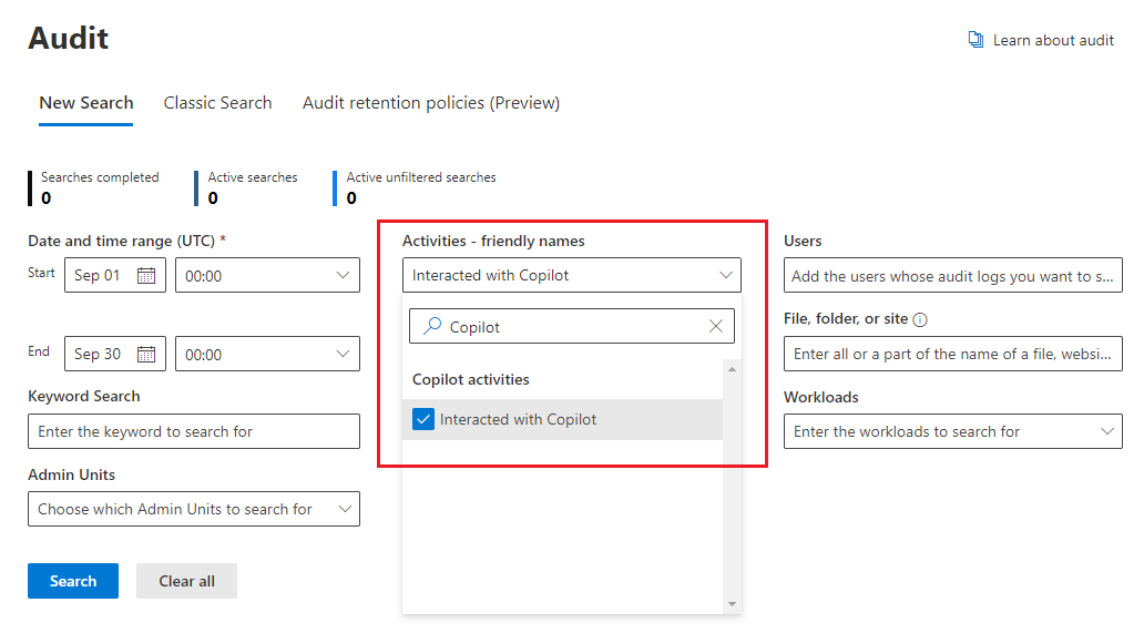 Auditing options to identify user interactions with Copilot.