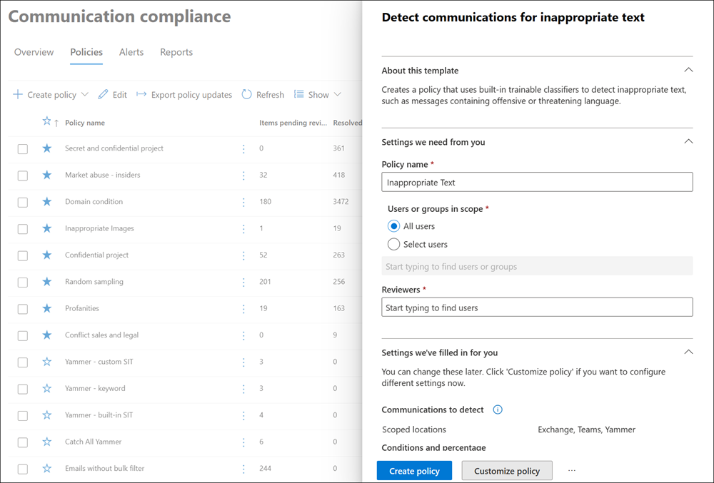 Communication compliance detect inappropriate text workflow