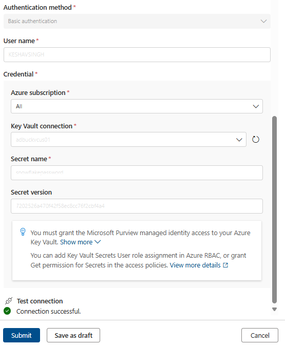 Screenshot that shows how to configure snowflake connection token.