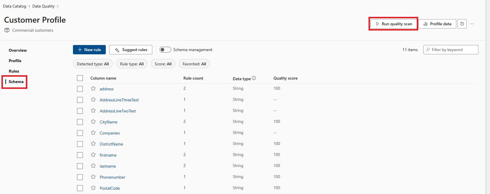 Screenshot of the data quality overview page with the run quality scan button highlighted.