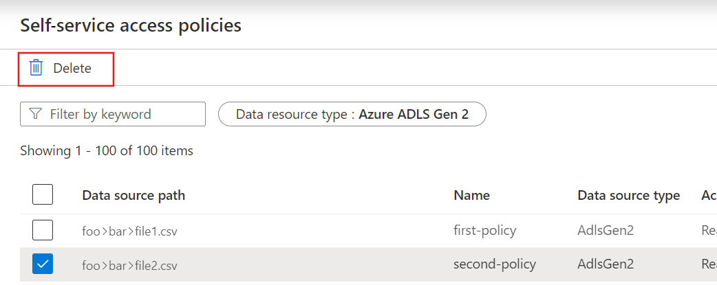 Screenshot showing a self-service access policy selected, with the Delete button at the top of the page highlighted.