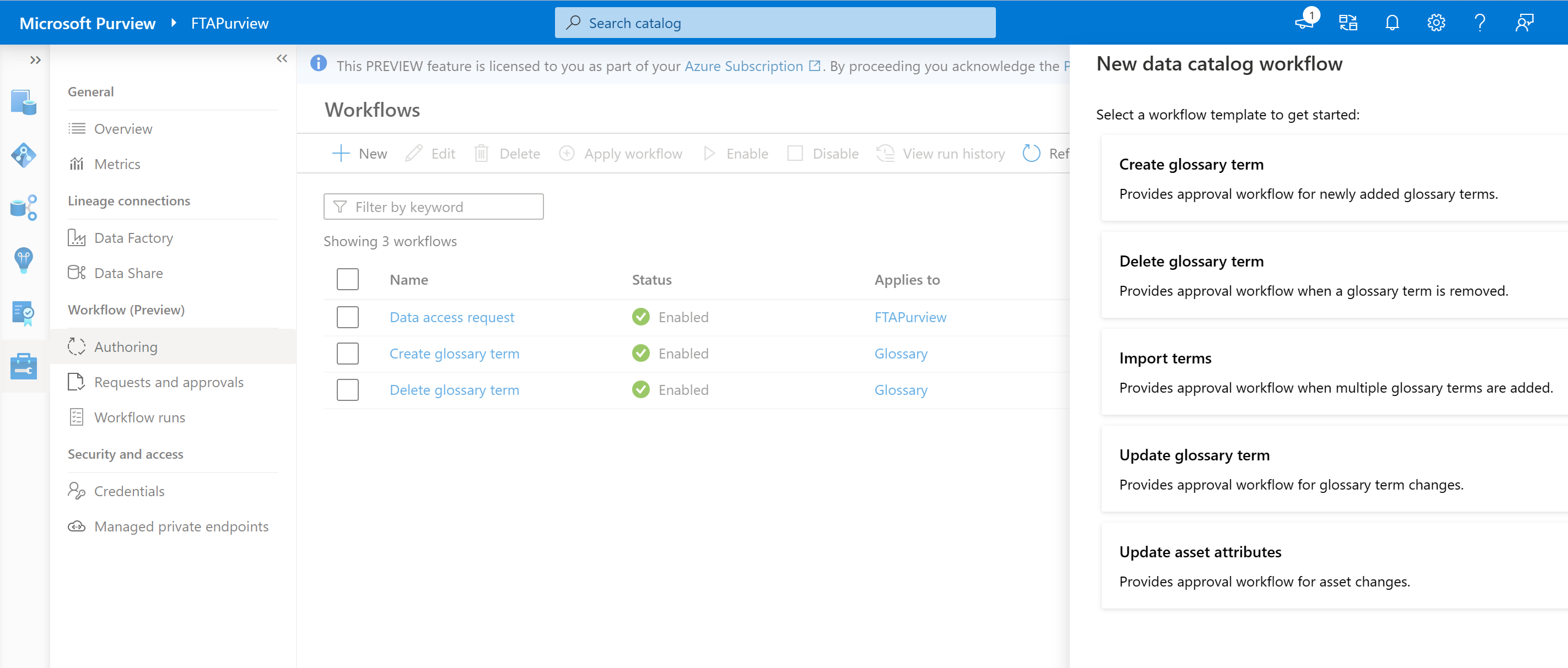 Screenshot showing the new data catalog workflow menu, showing template options, with the Continue button selected.