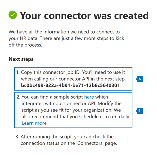 Review page with job ID and link to github for sample script.