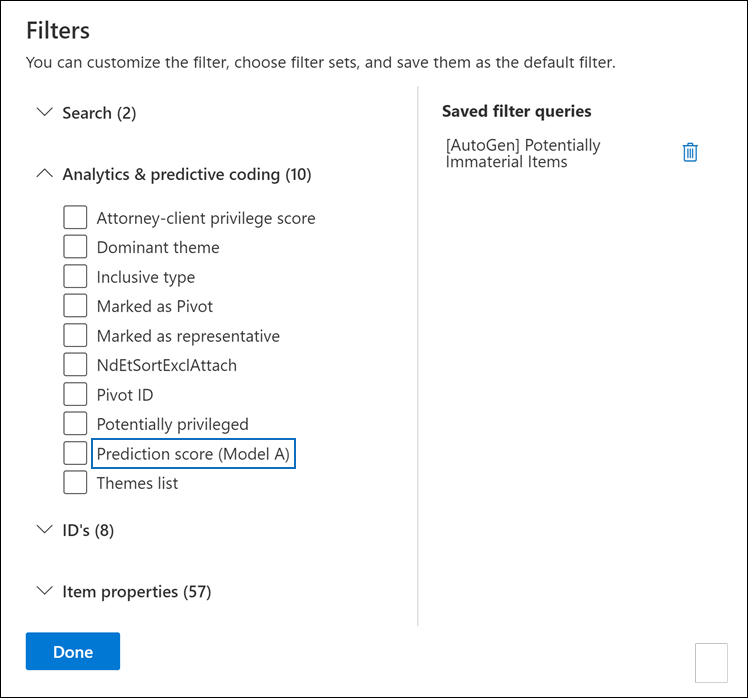 Prediction score filter in the Analytics & predictive coding section.