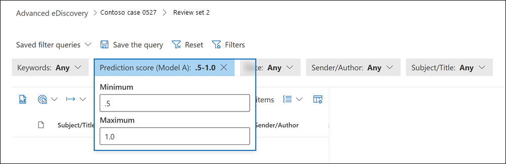 Minimum and maximum values for the prediction score filter.