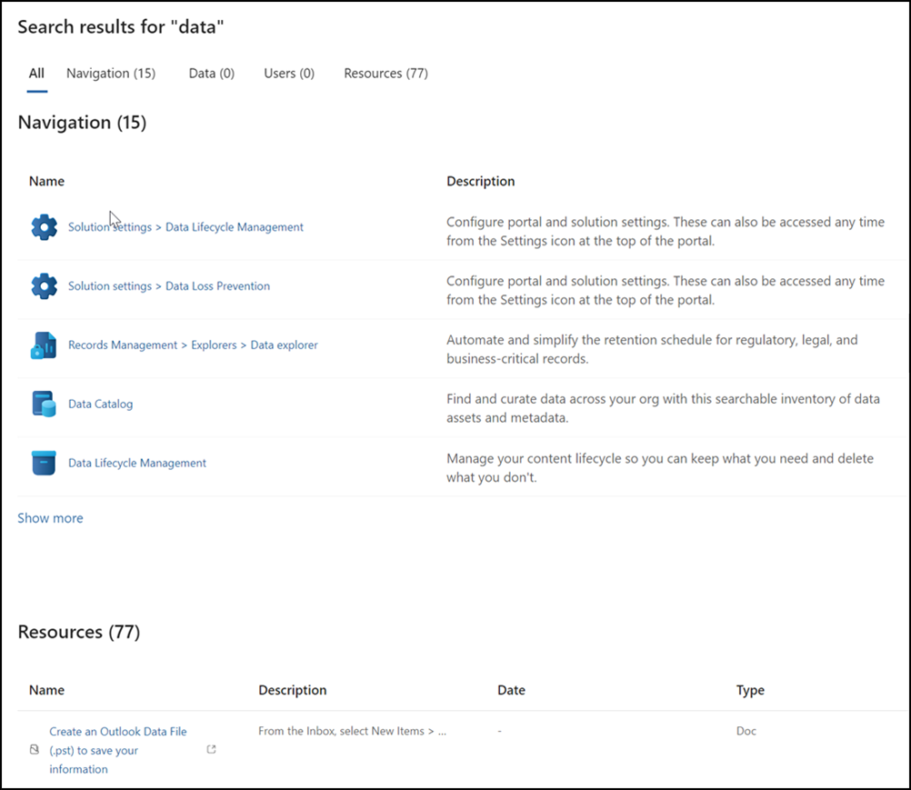 Microsoft Purview portal search results.