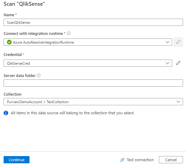 Screenshot of setting up a Qlik Sense scan.