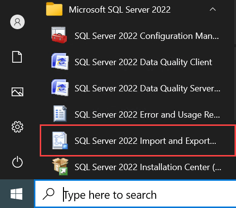 Screenshot of Start menu find Import and Export Wizard.