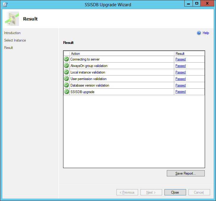 Review the results in the SSISDB Upgrade Wizard