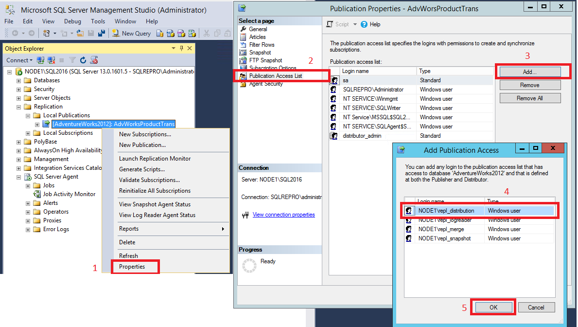 Selections for adding a login to the publication access list