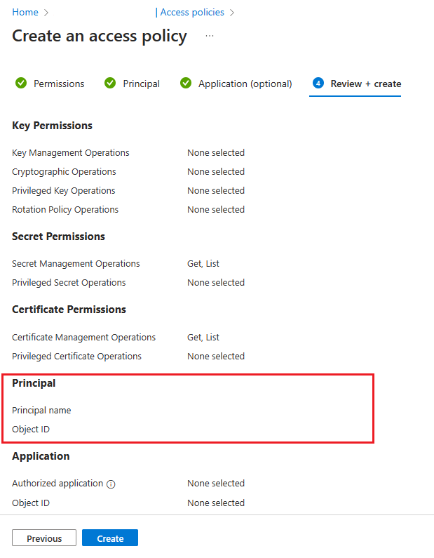 Screenshot of Azure portal to review and    create access policy.