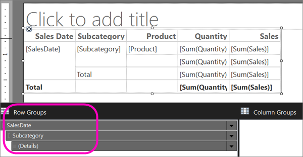 Screenshot that shows three row groups in the Row Groups pane.