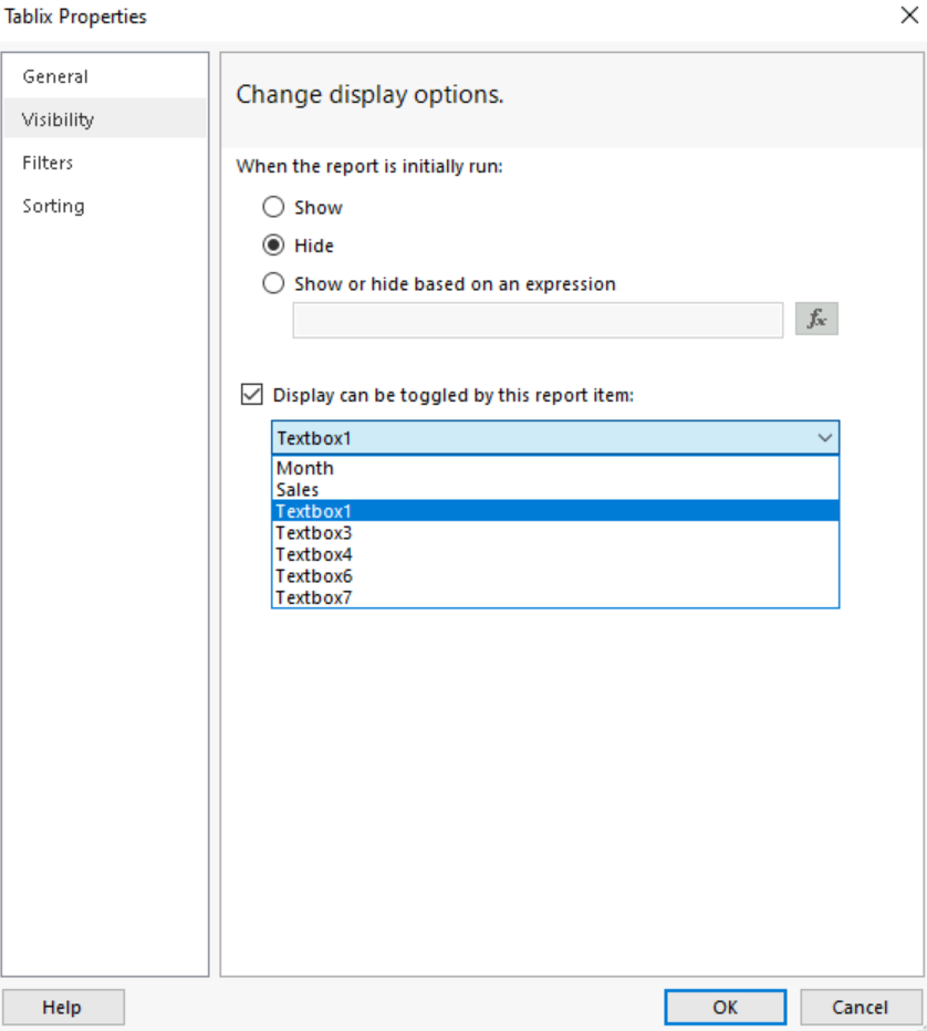 Screenshot of the configuration options for tablix data region to be expanded on the Visibility tab of the Tablix Properties dialog box.