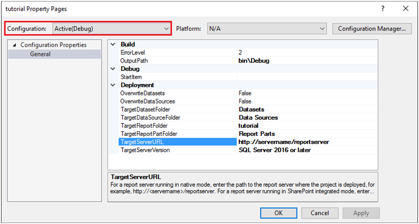 Screenshot of the tutorial Property Pages window, highlighting the Configuration drop-down list.