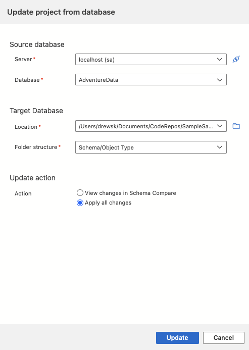 Screenshot of Update Database dialog in Azure Data Studio.