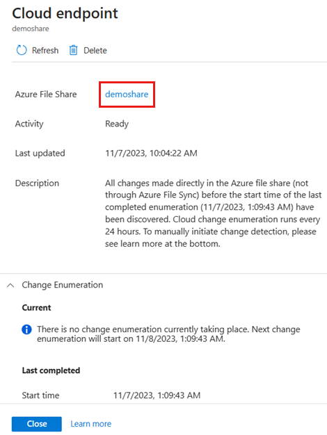 Screenshot showing the cloud endpoint detail pane with a link to the file share.