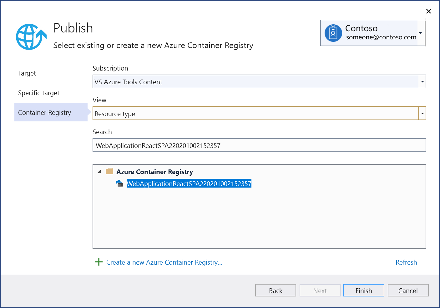 Screenshot showing Select or create a new Azure container registry.