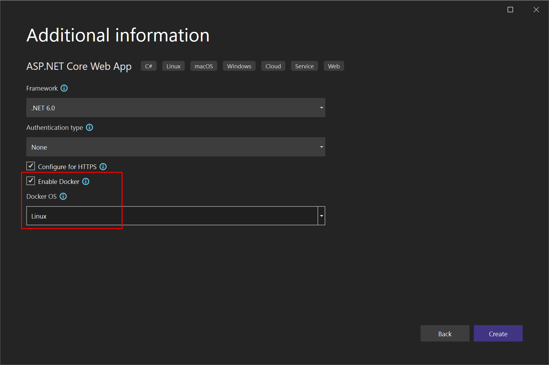 Screenshot showing how to enable Docker Support for new ASP.NET Core web app in Visual Studio.