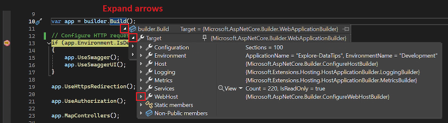 Screenshot that shows how to select the expand arrow for an object in a data tip.