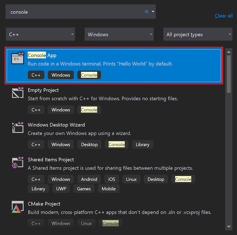 Screenshot that shows how to search for and select the Console App template in the Visual Studio Start window.