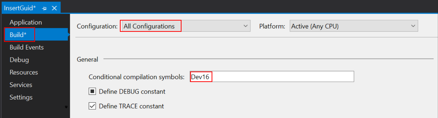 Screenshot that shows the box for entering a conditional compilation symbol.