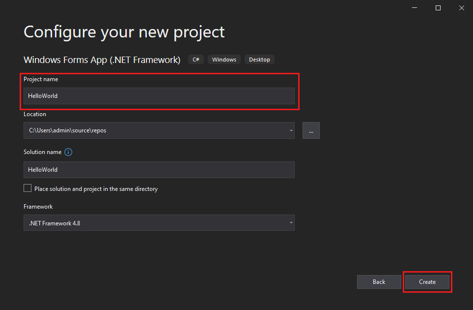 Screenshot showing the Configure your new project window, where you name your project HelloWorld.