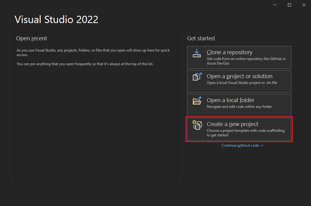 Screenshot that shows the Visual Studio 2022 start window with Create a new project selected.