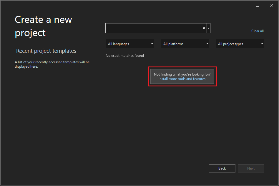 Screenshot showing the Create a new project window with the 'Install more tools and features' link highlighted.