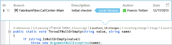 Screenshot that shows how to discover how many changes are made in the main branch with CodeLens in Visual Studio 2019.