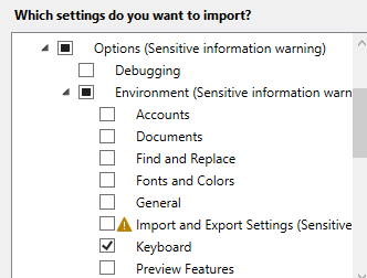 Screenshot that shows an example of how to import only customized keyboard shortcuts.