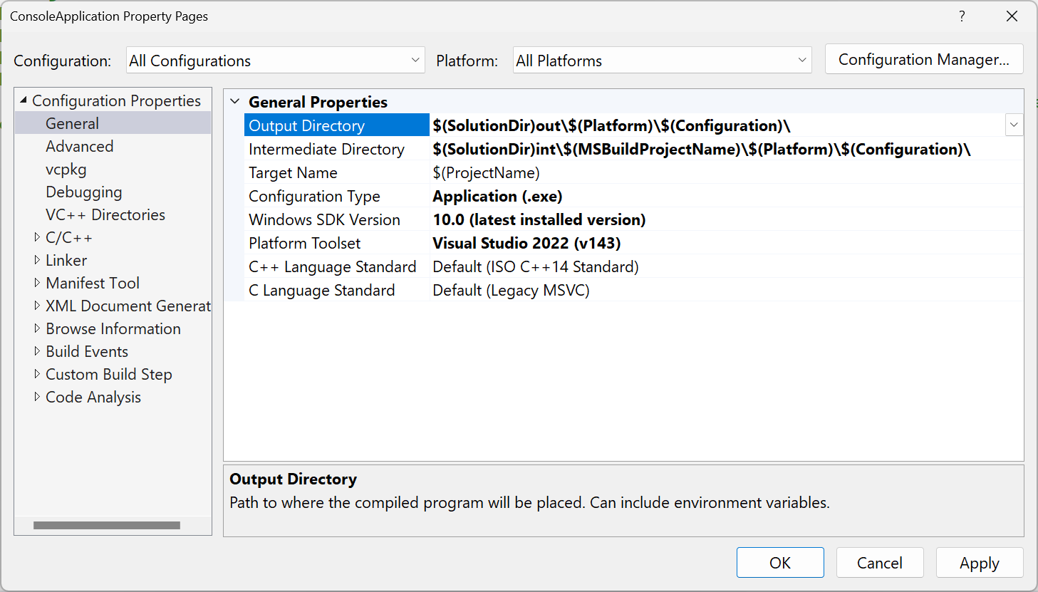 Screenshot that shows the Output path property for a C++ project.