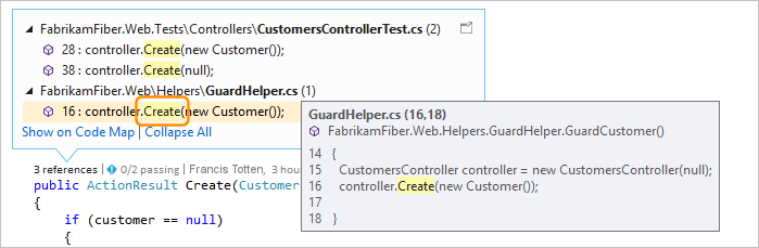 Screenshot that shows how to see the file with the reference by using CodeLens - Peek reference for Visual Studio 2019.