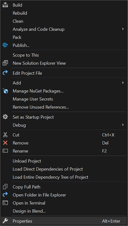 Screenshot of the Solution Explorer context menu with the Properties option highlighted.