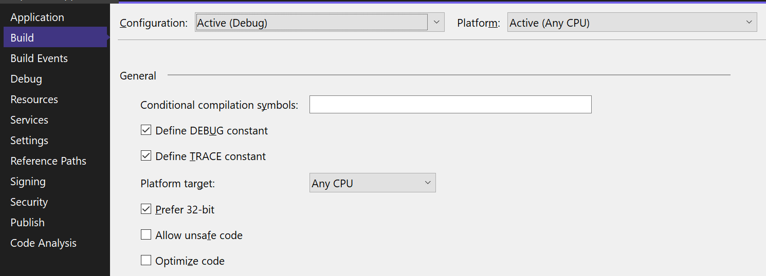 Screenshot of project designer configurations.