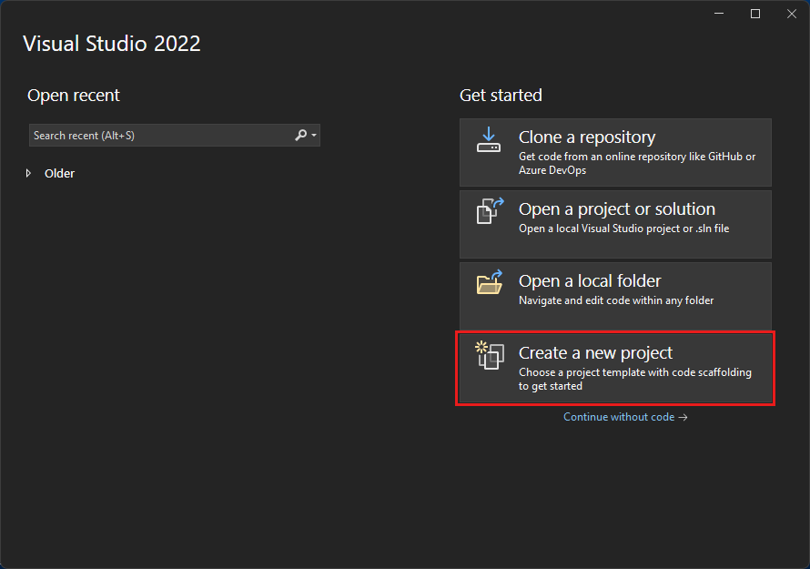 Screenshot that shows the Create a new project option.