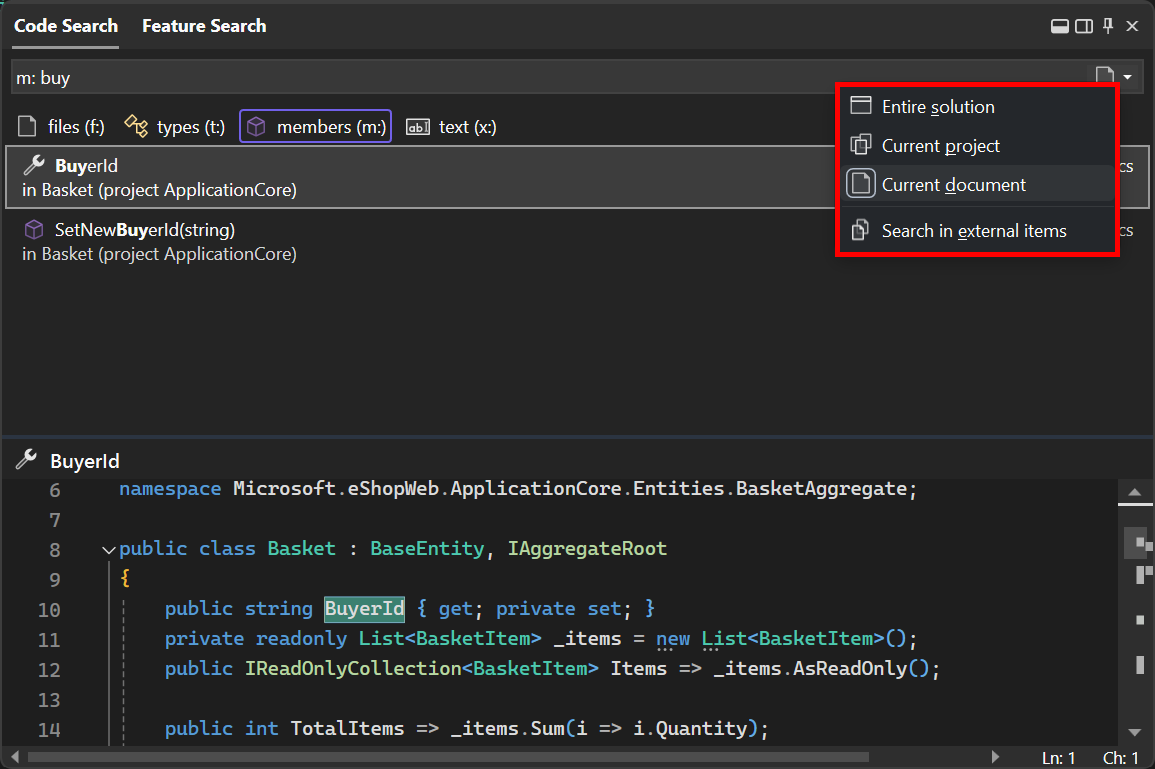 Screenshot of code search scope options.