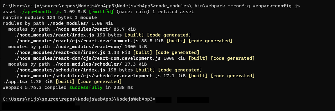 Screenshot that shows results of running the webpack command.