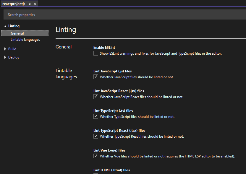 Screenshot of linting project properties.