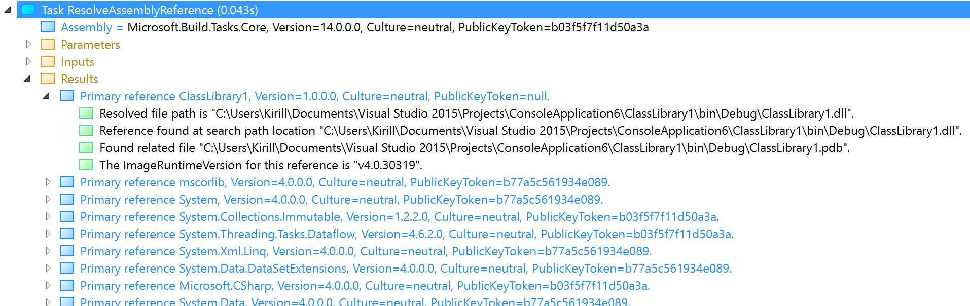 Screenshot showing ResolveAssemblyReference results in the structured log viewer.