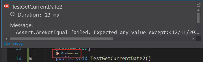 Screenshot shows C++ CodeLens icon after you select it for details in Visual Studio 2022.