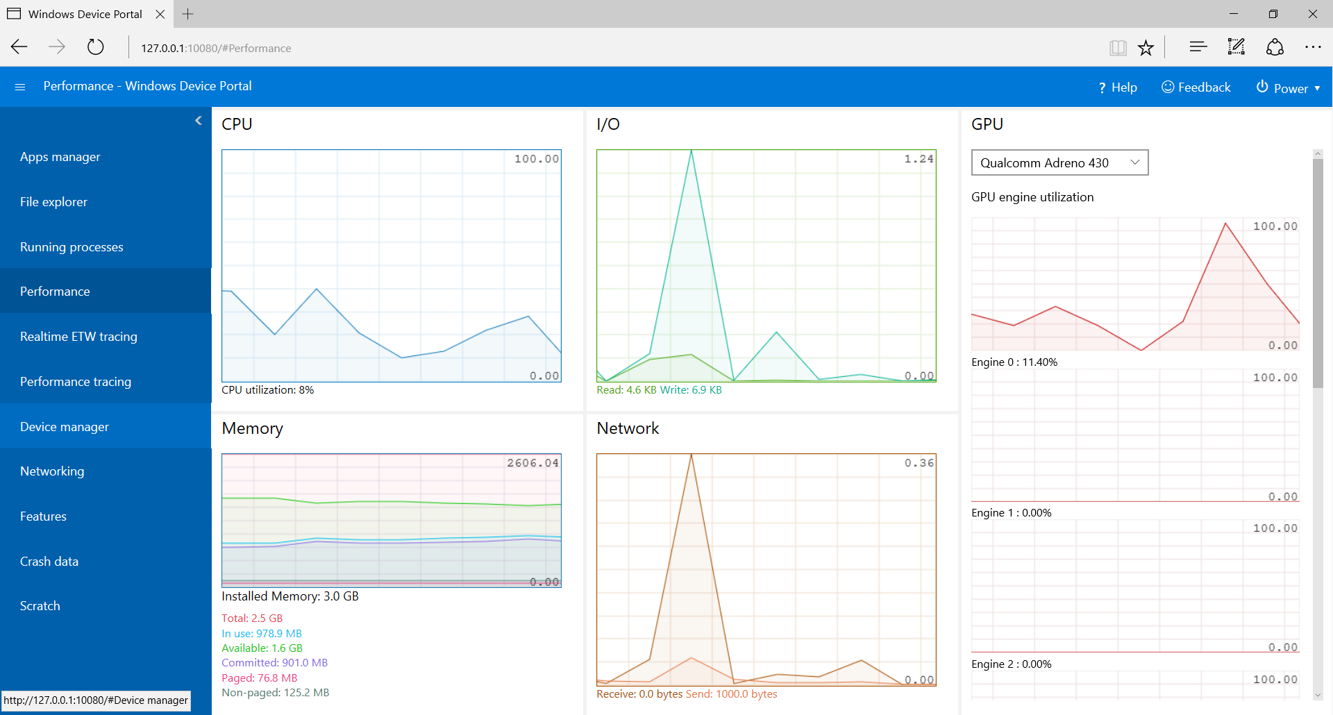 Device Portal Performance page