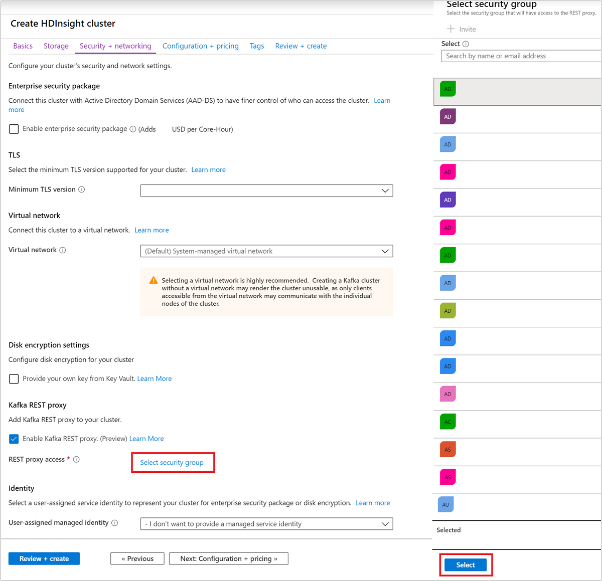 Screenshot shows the Create HDInsight cluster page with the option to select a security group.