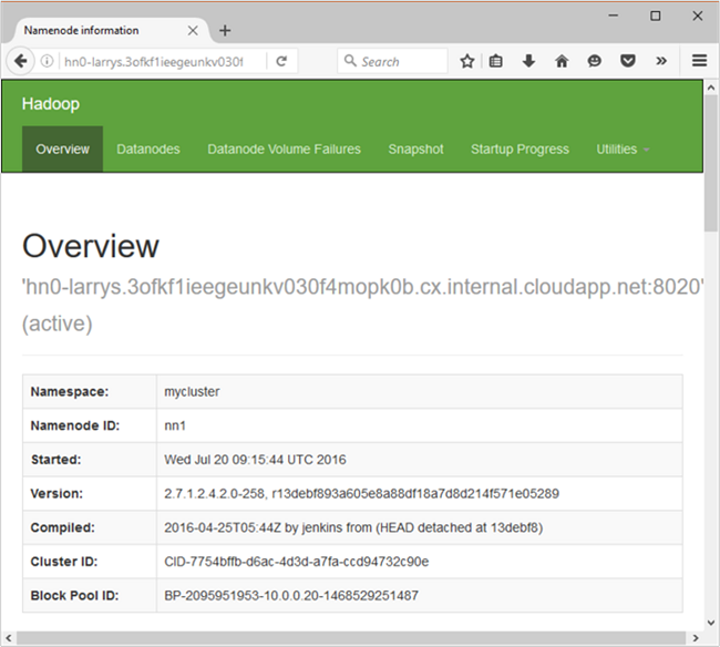 Obrázek uživatelského rozhraní uzlu Hadoop NameNode