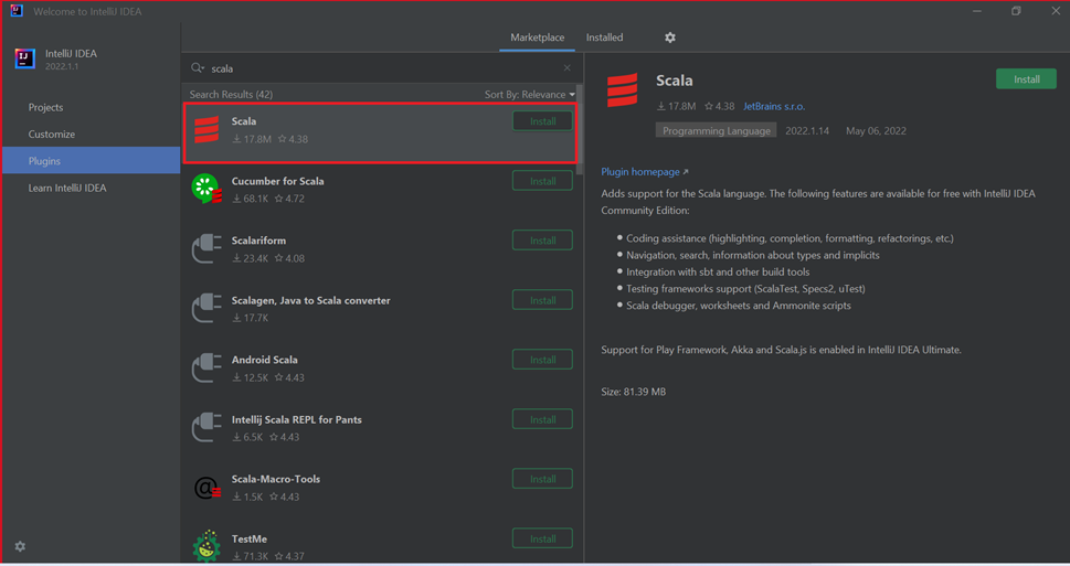 Screenshot showing IntelliJ Scala Plugin.